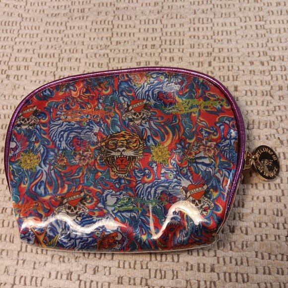 Ed Hardy by Christian Audigier tiger faces multicolor PVC make up pouch - Picture 2 of 14